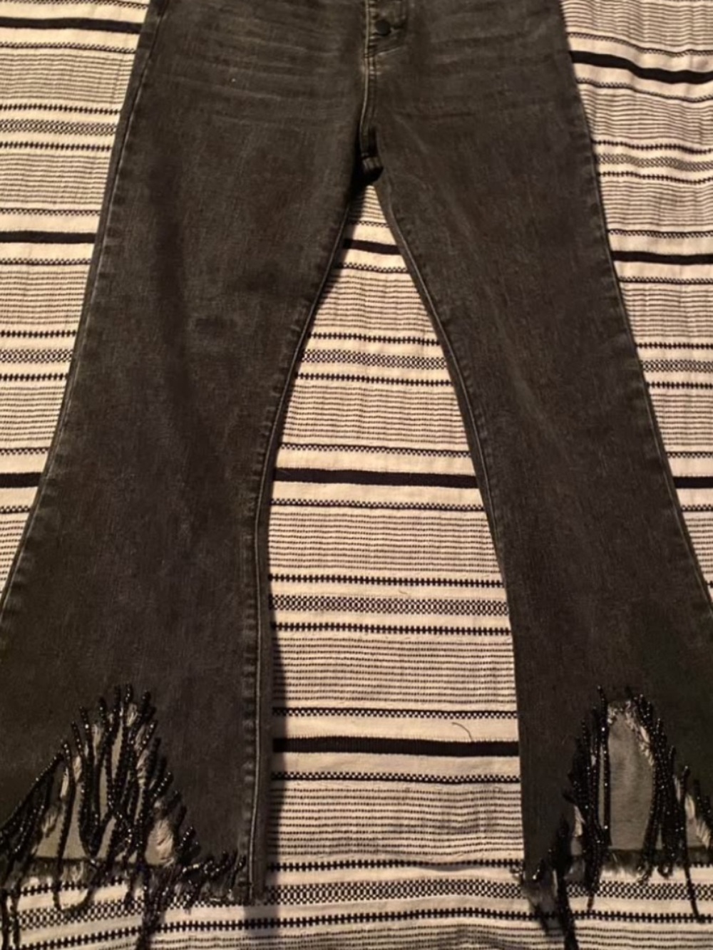 Black Beaded Fringe Wide Leg Jeans